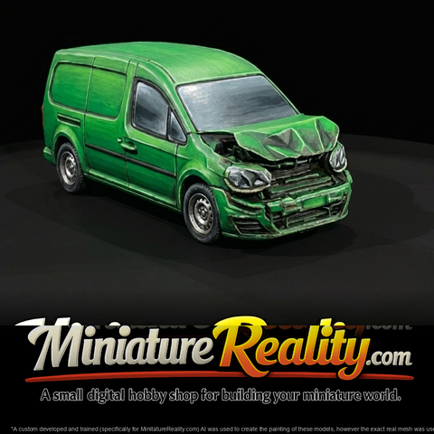 commercial delivery van (2010s–2020s) — wrecked, side and front damage