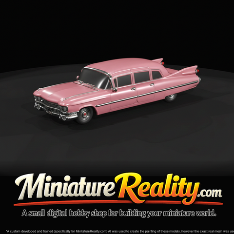 1959 Cadillac Fleetwood sedan (1950s) — pink, iconic tailfin era American luxury