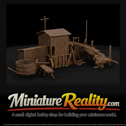Abandoned Wooden Mine Structure miniature, three-quarter view