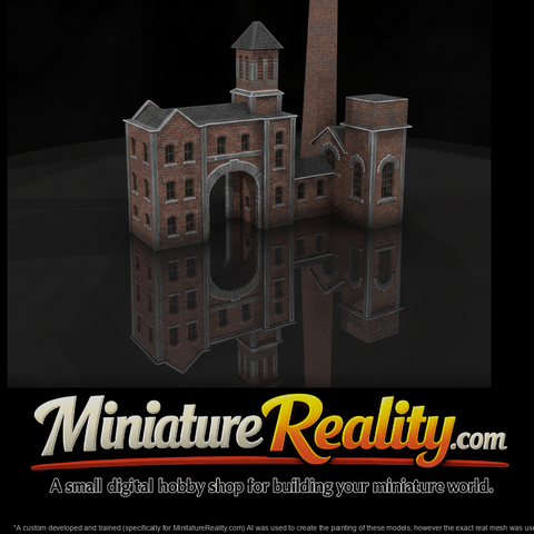 Brick Factory Building Chimney miniature, three-quarter view