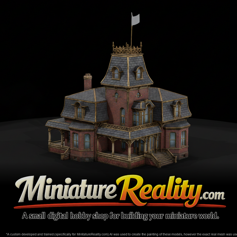 Brick Mansion with Tower miniature, three-quarter view