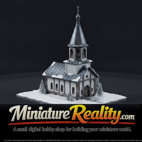 Church in Winter Snow miniature, three-quarter view
