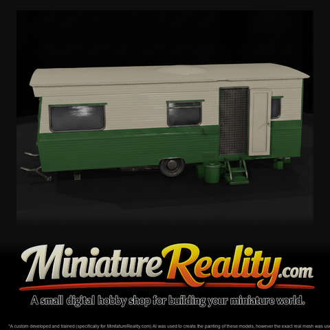 Green White Static Caravan miniature, three-quarter view