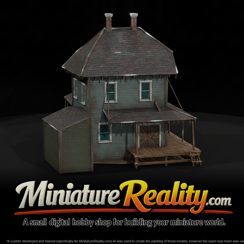 Old Two Story Railroad Building miniature, three-quarter view