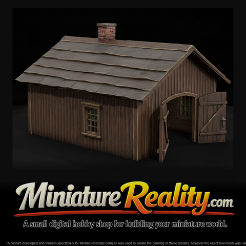 Rustic Blacksmith Shop miniature, three-quarter view