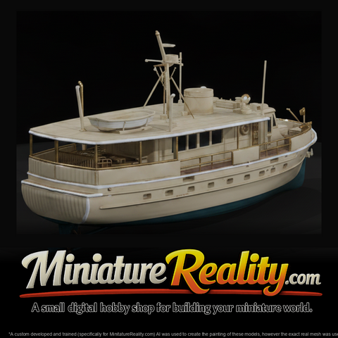 White Classic Motor Yacht miniature, three-quarter view