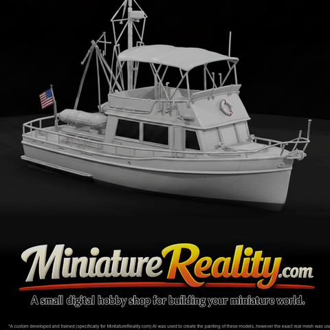 White Trawler Style Yacht miniature, three-quarter view