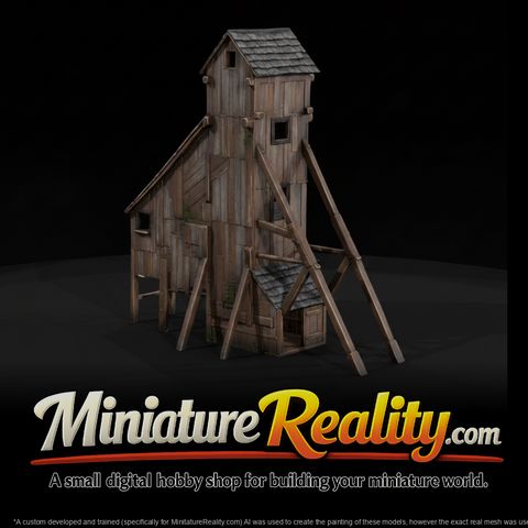 Wooden Mining Mill miniature, three-quarter view