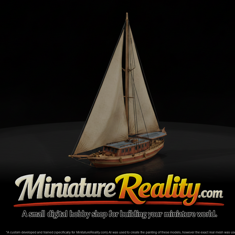 Wooden Sailboat on Lake miniature, three-quarter view