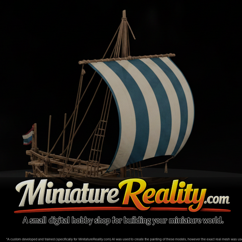 Wooden Ship Striped Sail miniature, three-quarter view
