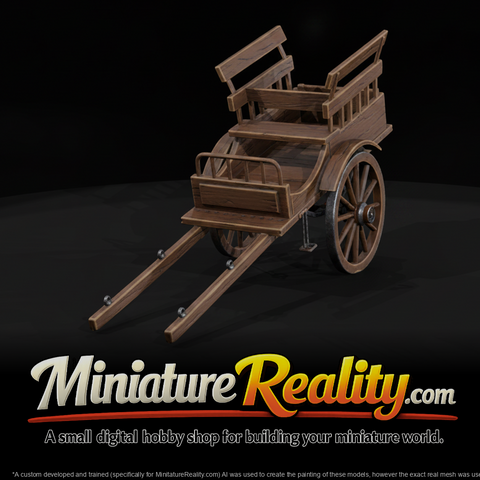 Wooden Two Wheeled Cart miniature, three-quarter view