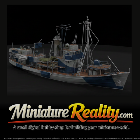 World War Two Warship miniature, three-quarter view
