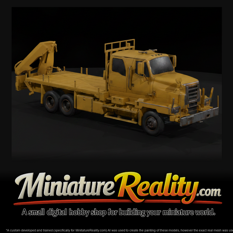Yellow Flatbed Crane Truck miniature, three-quarter view