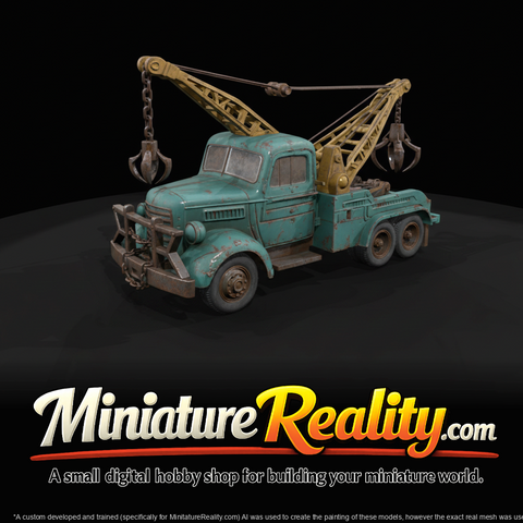 vintage tow-boom truck with multi-tine grapple, scale model (1940s–1960s) — rusty crane-truck, recovery vehicle