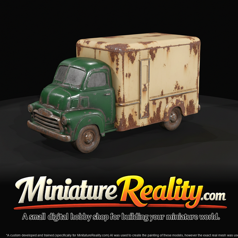 mid-century delivery box truck, scale model (1940s–1960s) — weathered, commercial straight truck