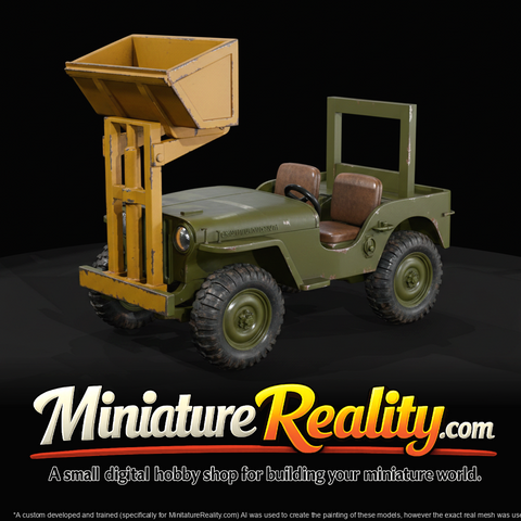 jeep with front-mounted forklift/bucket attachment