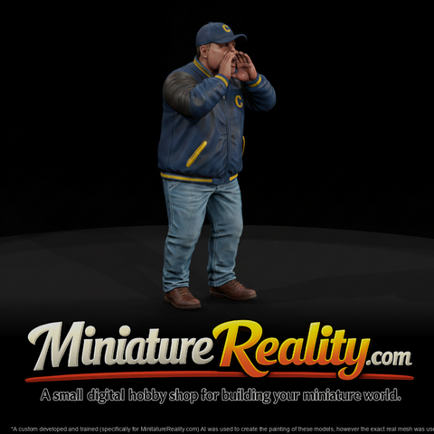 Cheering Fan Shouting in Varsity Jacket miniature, three-quarter view