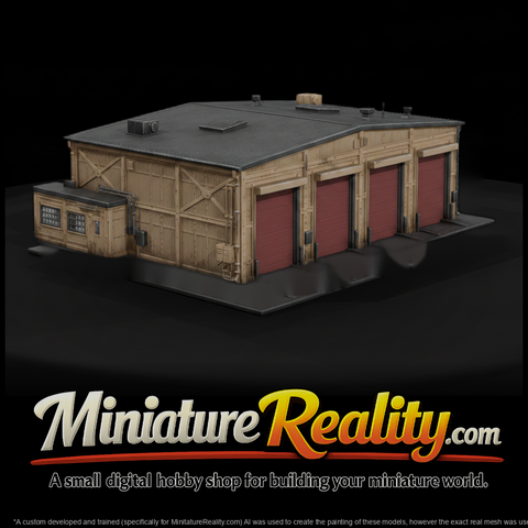 1980s Cold War Motor Pool Building miniature, three-quarter view