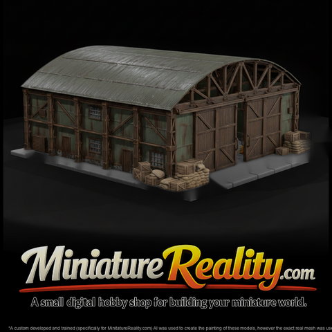 WWII England Bellman Aircraft Hangar miniature, three-quarter view