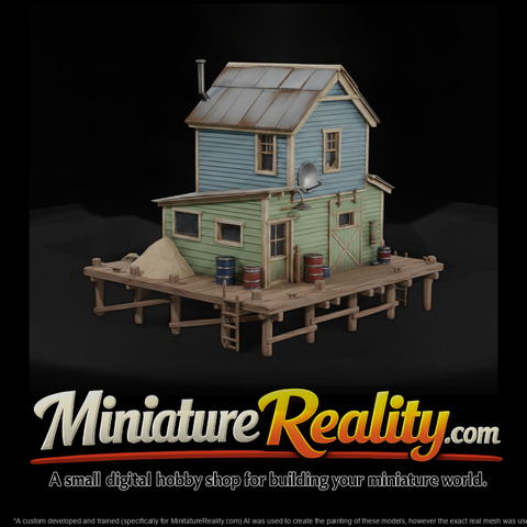 Weathered Pier Shack miniature, three-quarter view