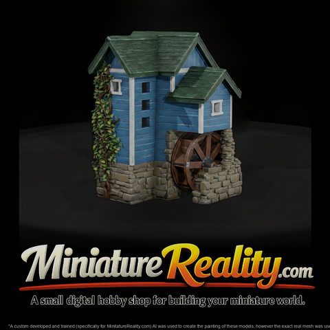 Blue Clapboard Watermill with Wheel