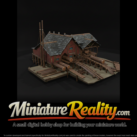 Rustic Logging Sawmill miniature, three-quarter view