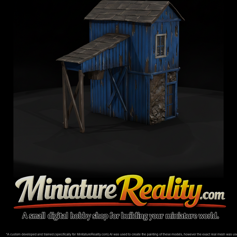 Weathered Wooden Mill Building miniature, three-quarter view