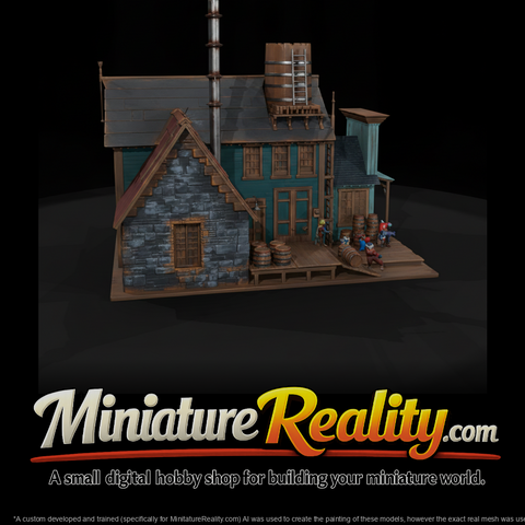 Rustic Industrial Building miniature, three-quarter view