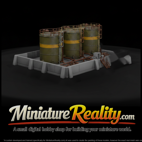 1980s Cold War Fuel Tank Farm miniature, three-quarter view