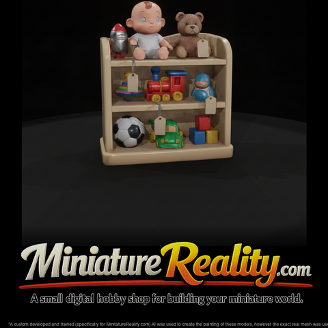 Thrift Store Toy Shelf miniature, three-quarter view