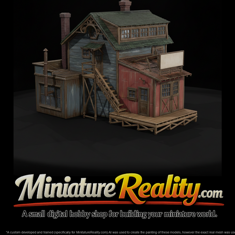 Old Garage Model Building, three-quarter view