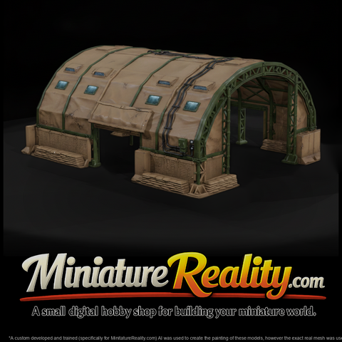 Modern Desert Clamshell Tent Hangar miniature, three-quarter view