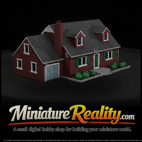 Brick House with Garage miniature, three-quarter view