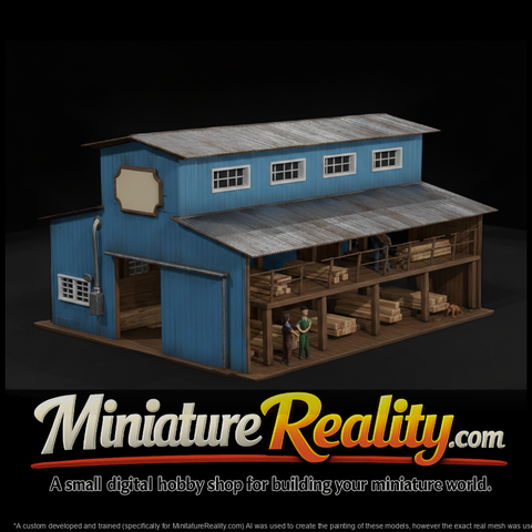 Two Story Lumber Mill miniature, three-quarter view