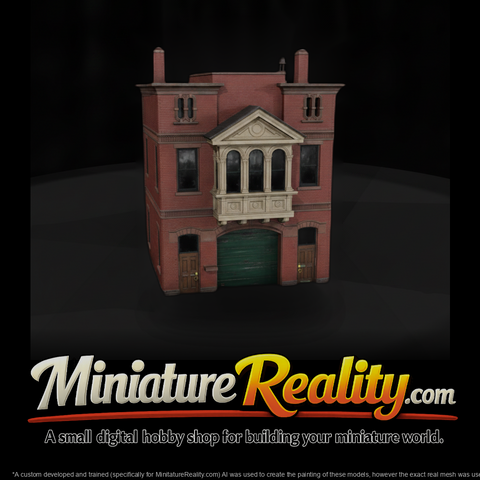 Brick Fire Station miniature, three-quarter view