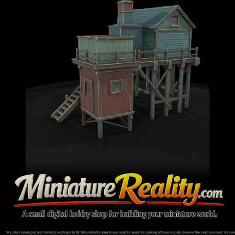 Small wooden stilt houses on a raised platform pier-style structure miniature, three-quarter view