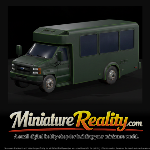 Matte Graybox Ford Shuttle Van miniature, three-quarter view