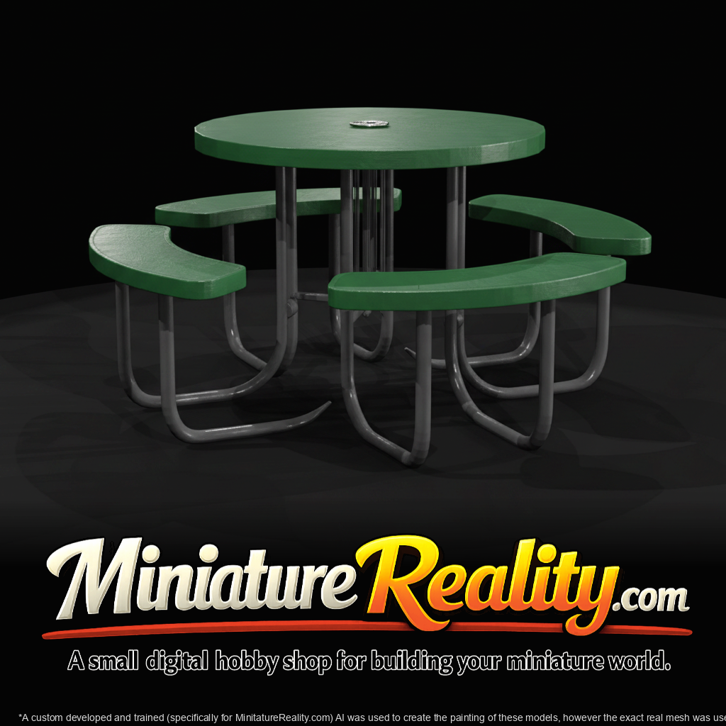 outdoor/park picnic table (round, fixed benches)