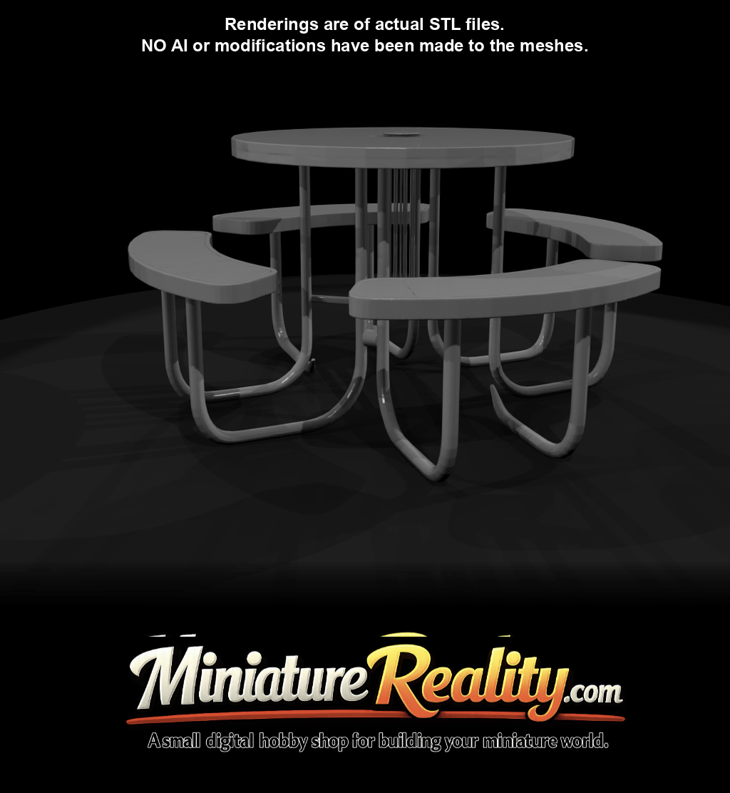 outdoor/park picnic table (round, fixed benches)
