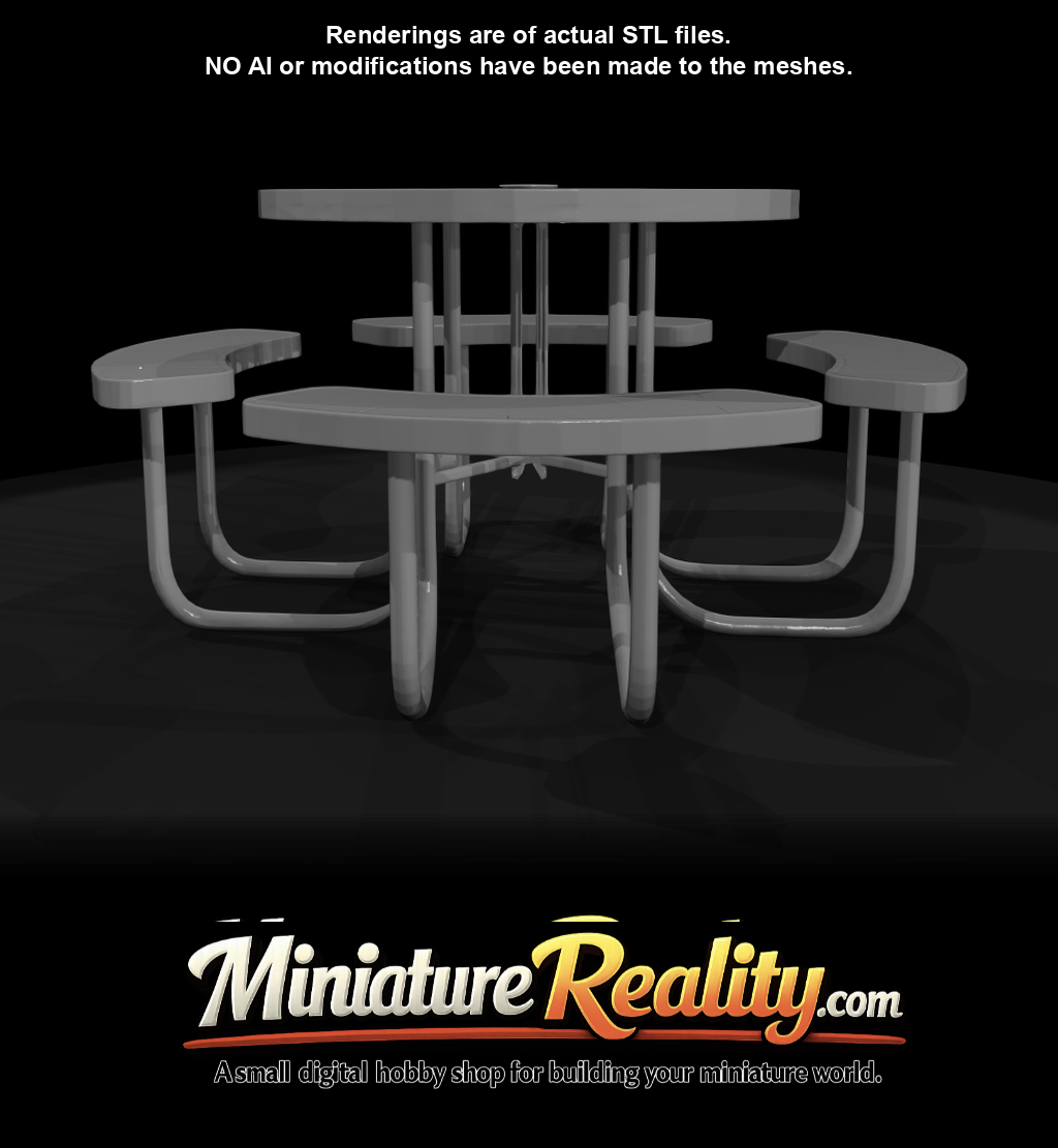 outdoor/park picnic table (round, fixed benches)