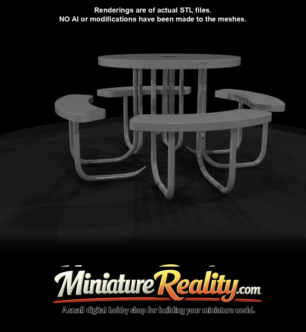 outdoor/park picnic table (round, fixed benches)