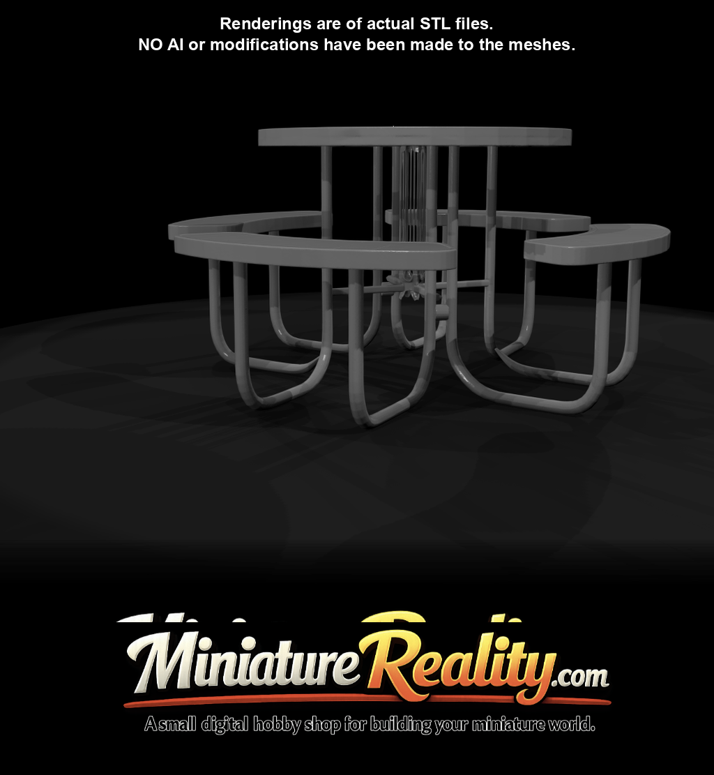outdoor/park picnic table (round, fixed benches)