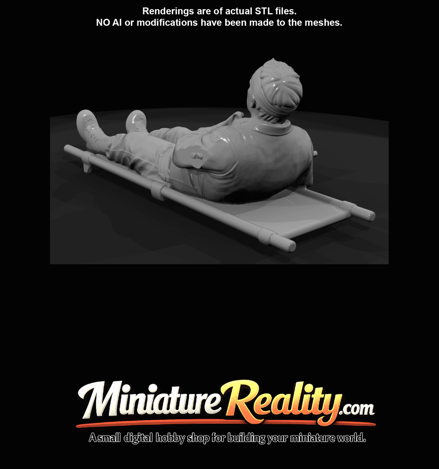 reclining human figure on stretcher (scale miniature/3D sculpt)