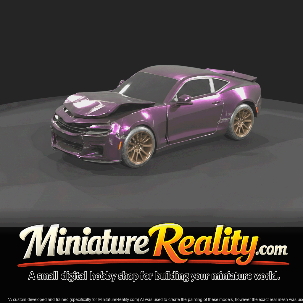 muscle car coupe (2010s–2020s) — heavily crashed, front and side impact damage
