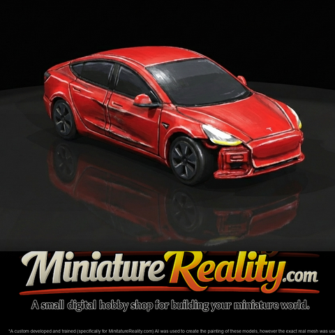 electric sedan (2010s–2020s) — totaled, total-loss collision damage