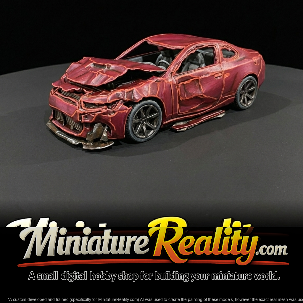 two-door coupe (2010s–2020s) — wrecked, crash damage