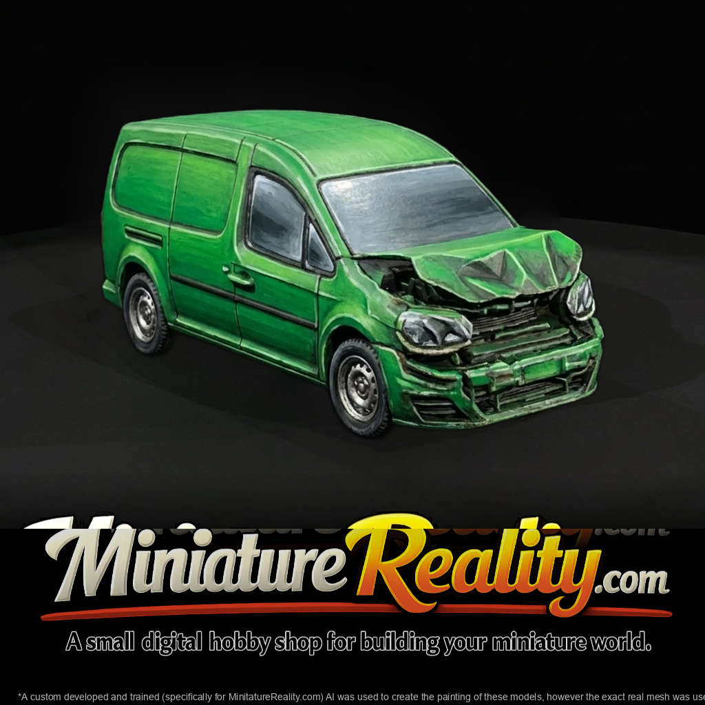commercial delivery van (2010s–2020s) — wrecked, side and front damage