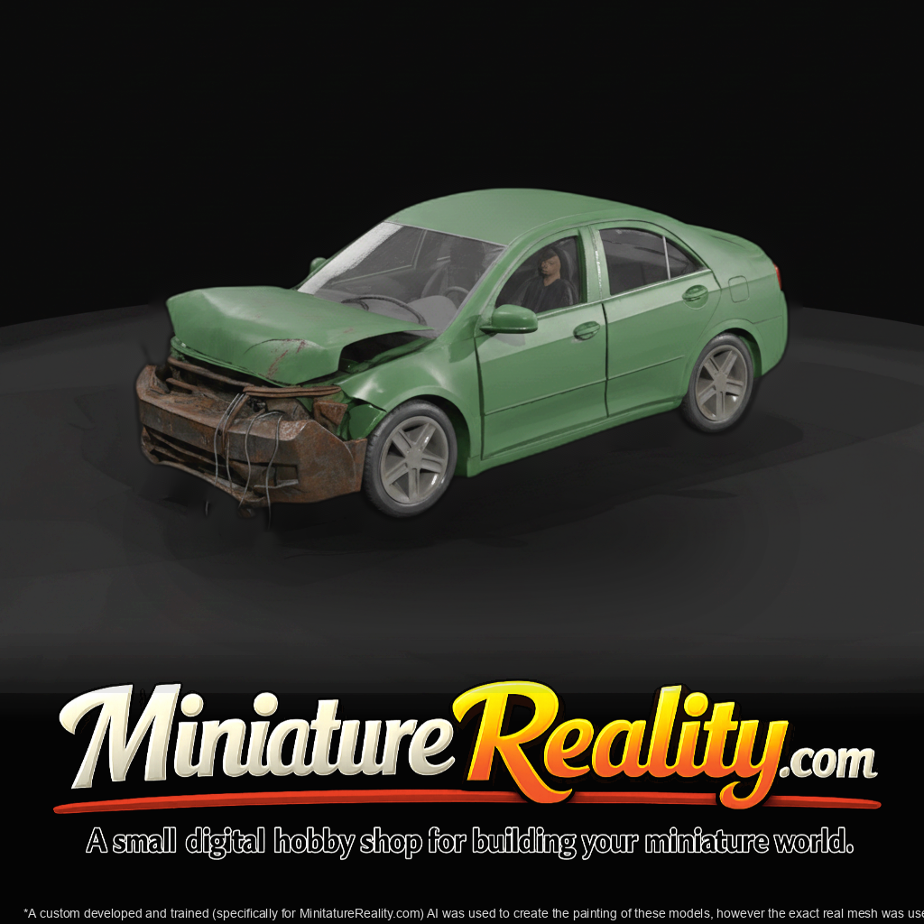 four-door sedan (2010s–2020s) — wrecked, crash damage