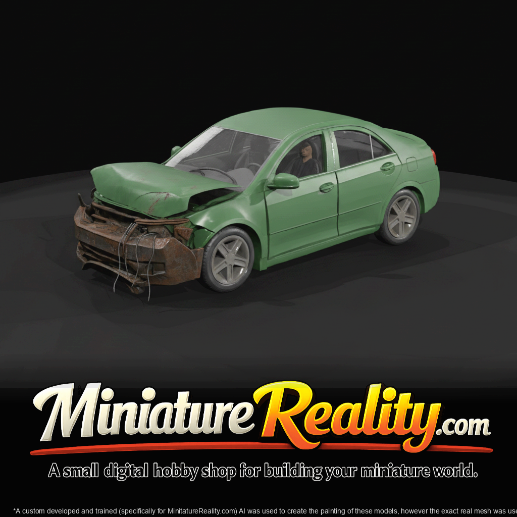 four-door sedan (2010s–2020s) — wrecked, crash damage