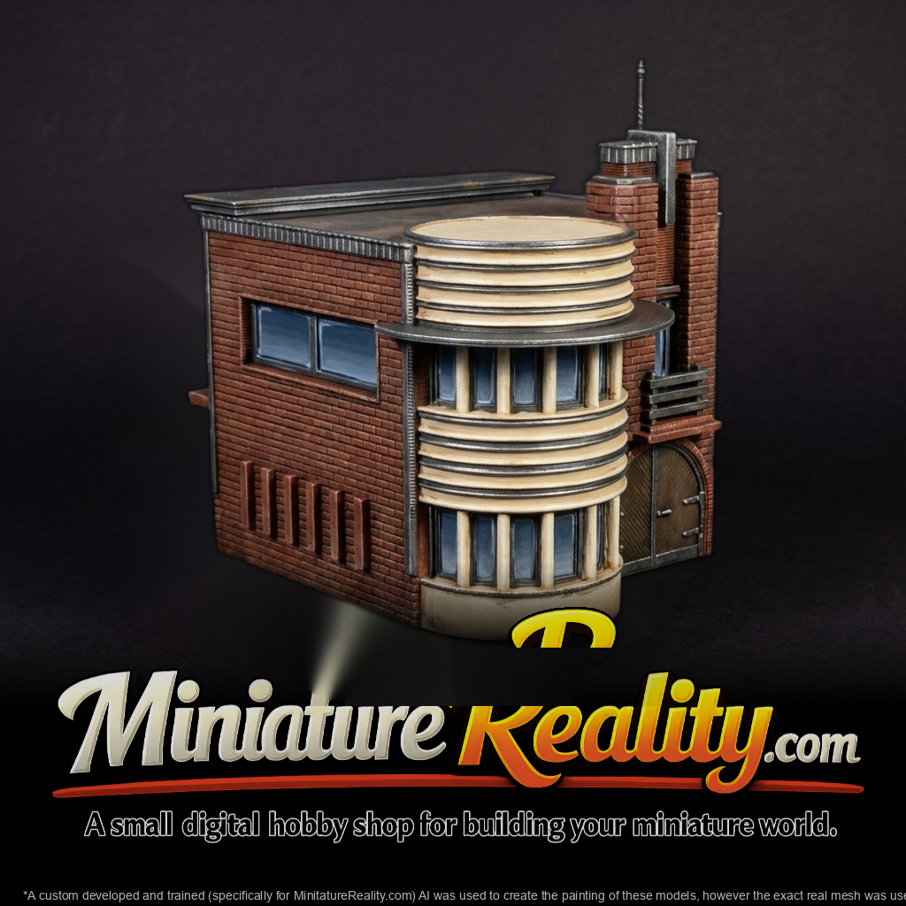 Art Deco residential façade with bay window & arched garage